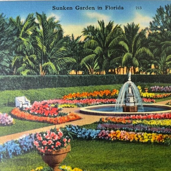Vintage Linen Postcard Sunken Garden Miami Florida  Firestone Estate u - Picture 2 of 5